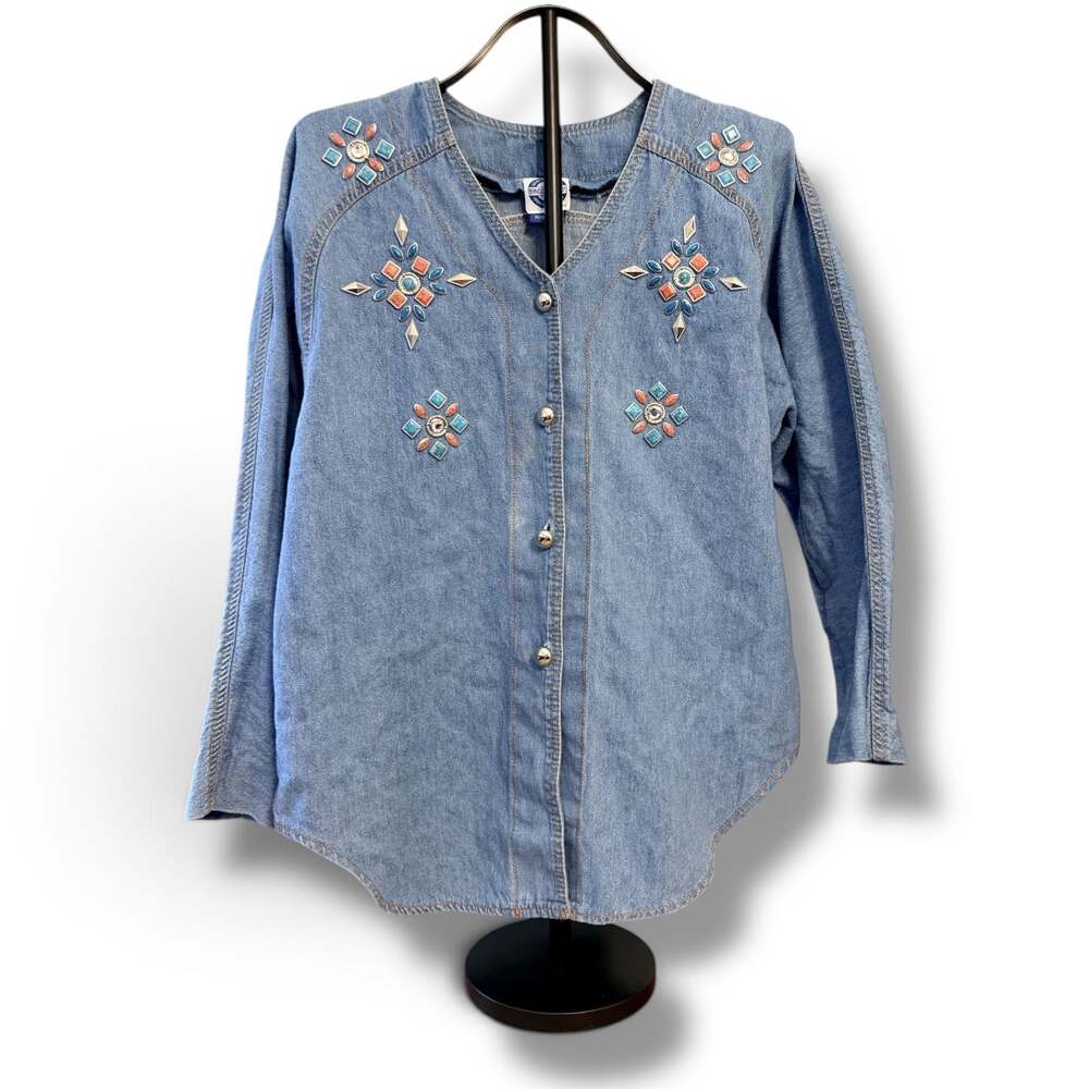 Vintage Bingo! Bingo! Embellished Denim Tunic Shirt Petite 16P Southwestern